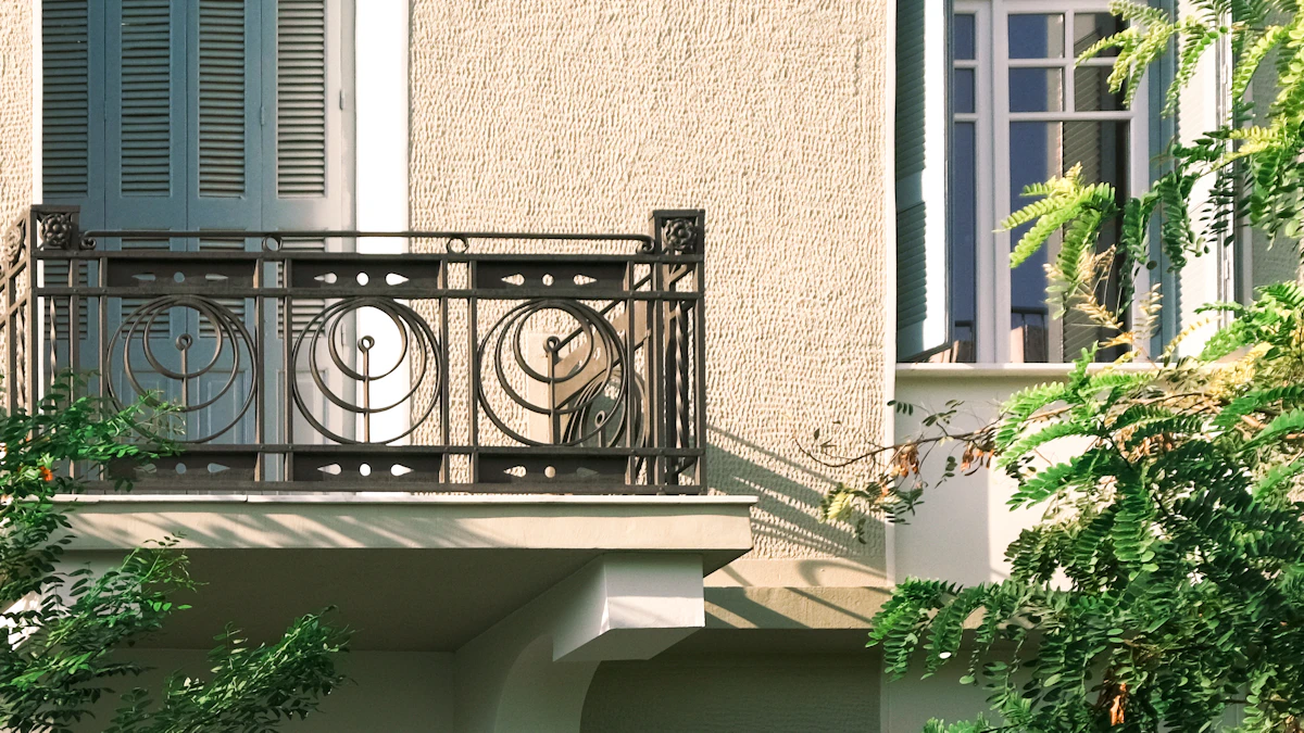 Wrought-iron balcony and shuttered windows on an Athens apartment building in afternoon sun