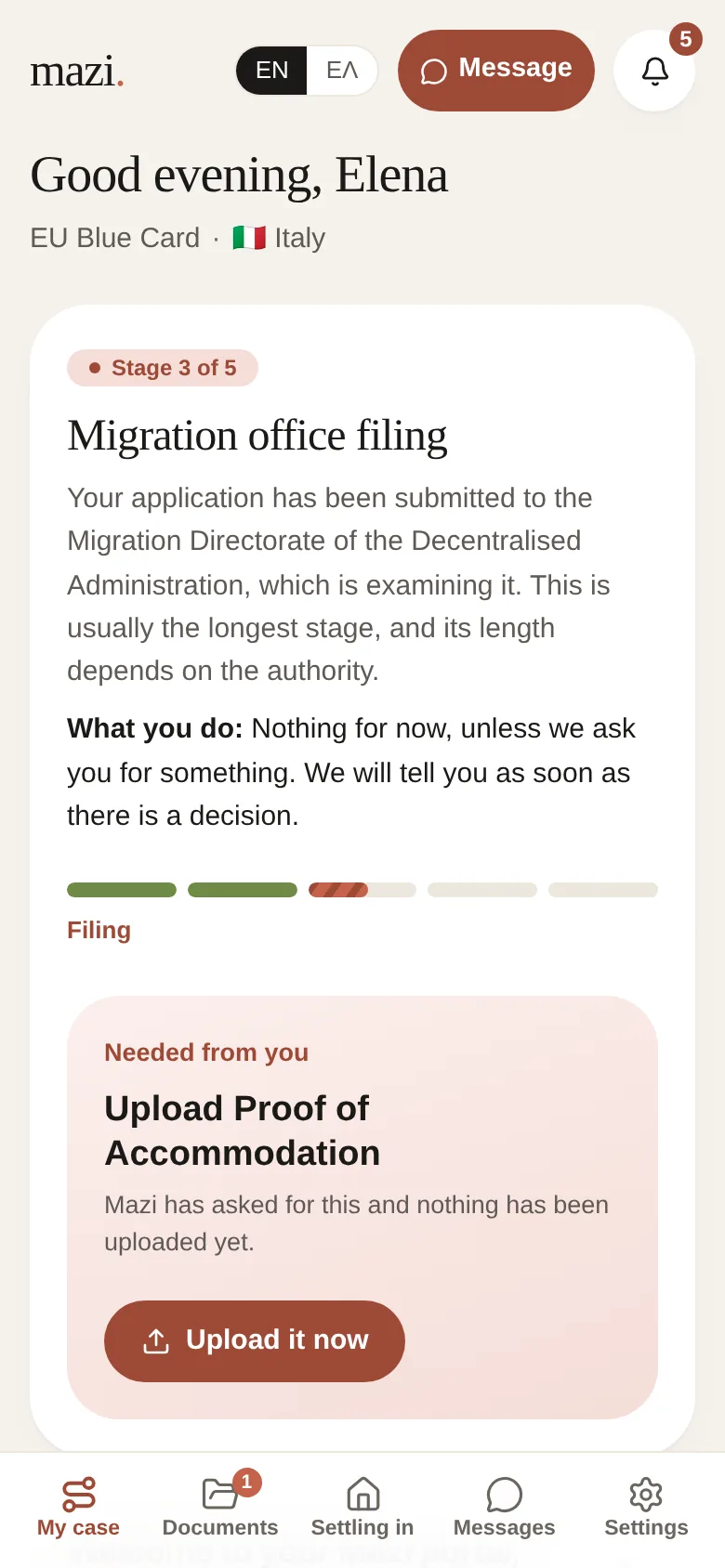 Demo of the employee's view on a phone, with sample data: the stage of their case in plain words and the one document needed from them
